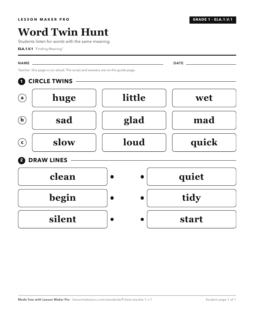 Preview of the ELA.1.V.1 printable worksheet