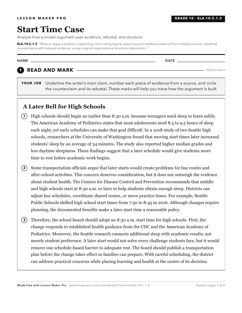 Preview of the ELA.10.C.1.3 printable worksheet