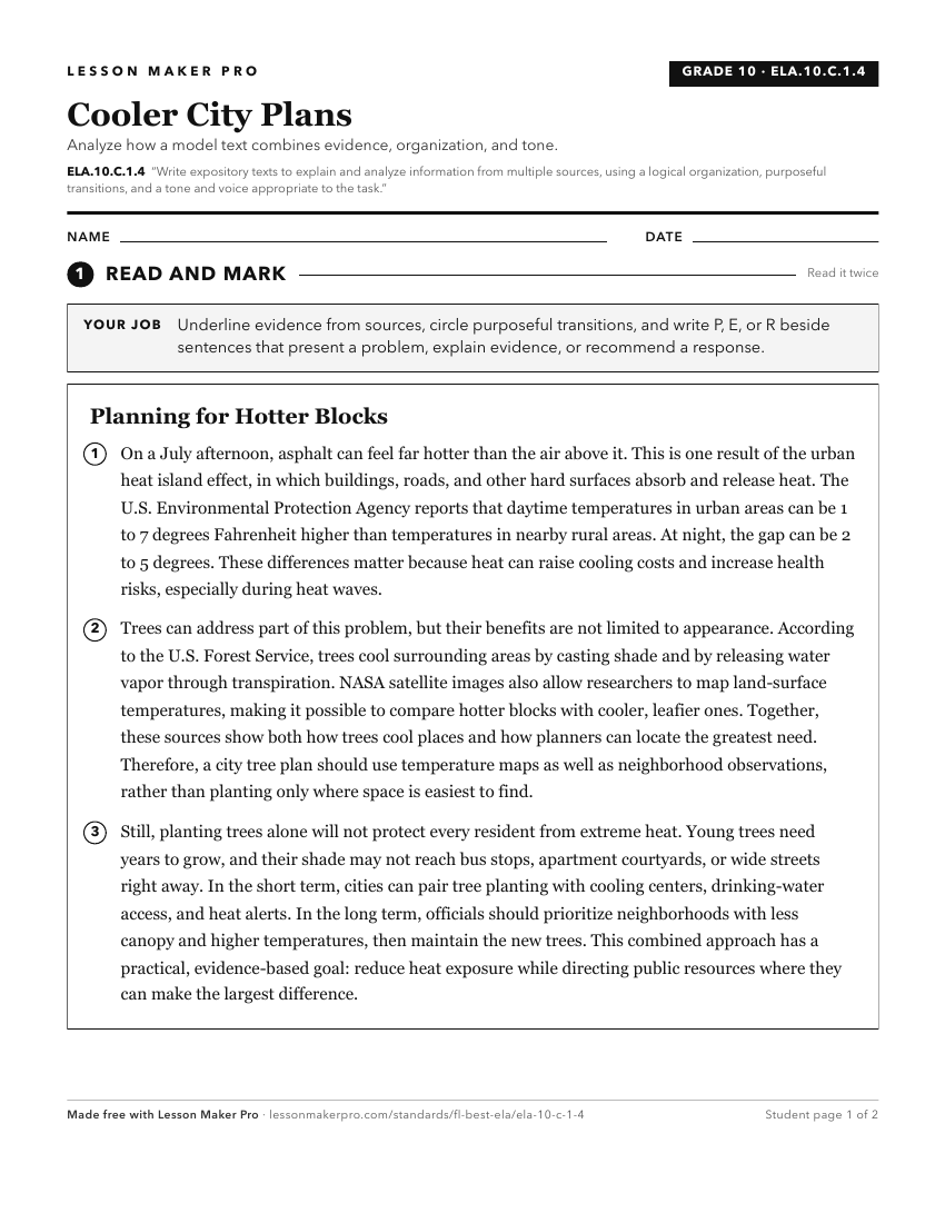 Preview of the ELA.10.C.1.4 printable worksheet