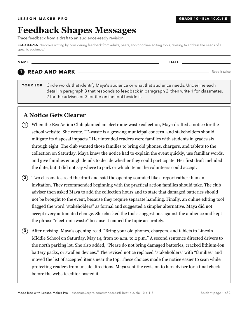 Preview of the ELA.10.C.1.5 printable worksheet