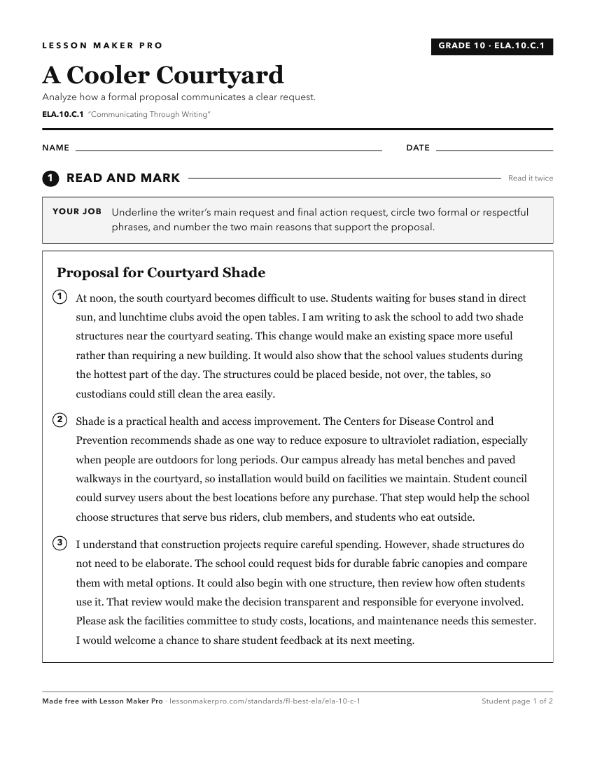 Preview of the ELA.10.C.1 printable worksheet