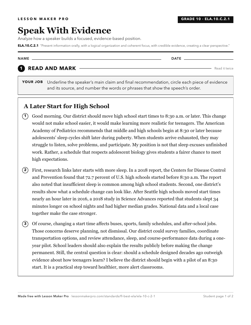 Preview of the ELA.10.C.2.1 printable worksheet