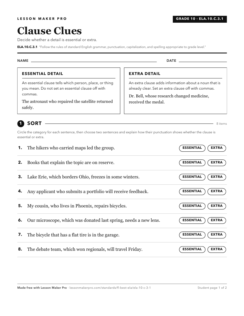 Preview of the ELA.10.C.3.1 printable worksheet