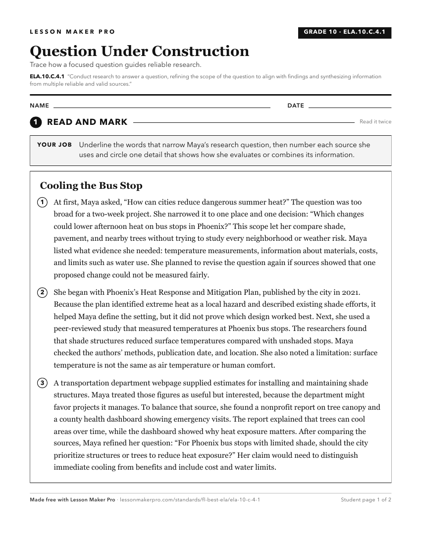 Preview of the ELA.10.C.4.1 printable worksheet