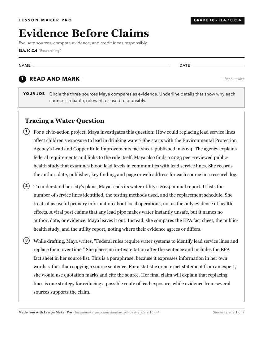 Preview of the ELA.10.C.4 printable worksheet