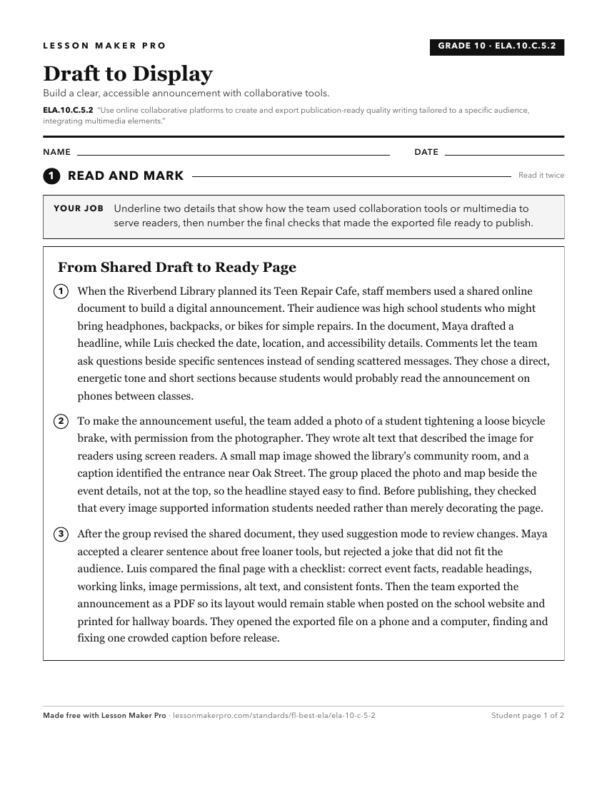 Preview of the ELA.10.C.5.2 printable worksheet