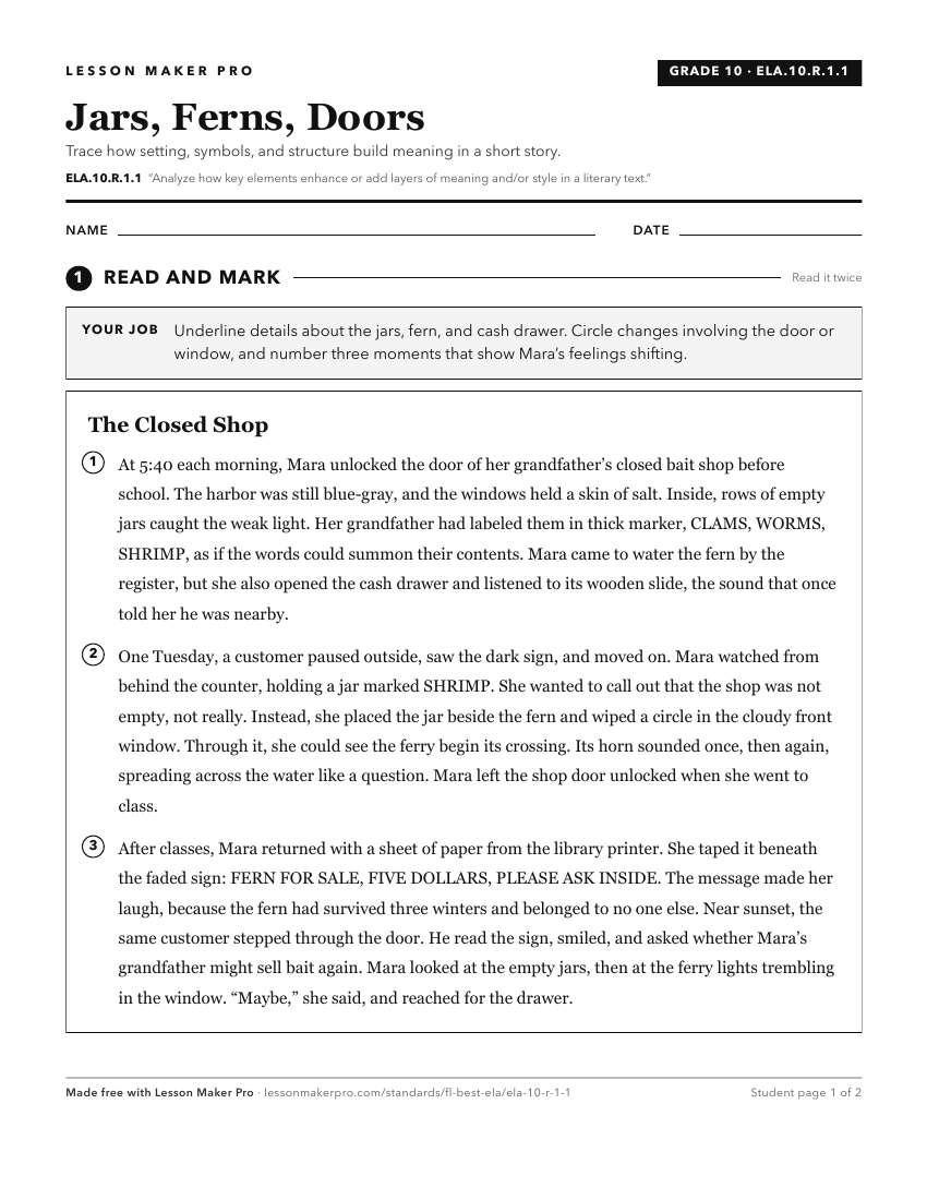 Preview of the ELA.10.R.1.1 printable worksheet