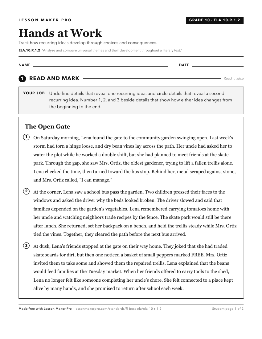 Preview of the ELA.10.R.1.2 printable worksheet
