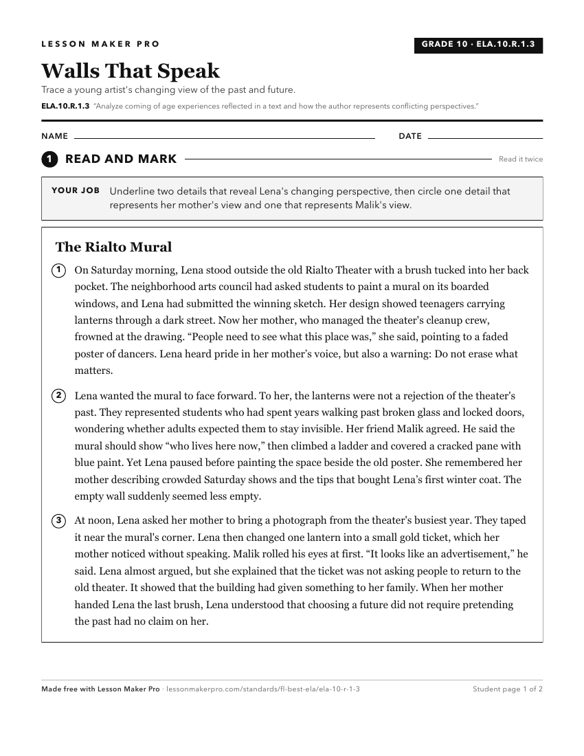 Preview of the ELA.10.R.1.3 printable worksheet