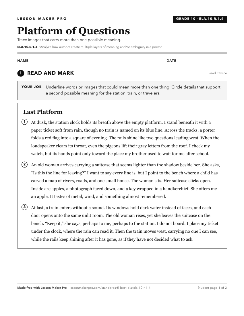 Preview of the ELA.10.R.1.4 printable worksheet