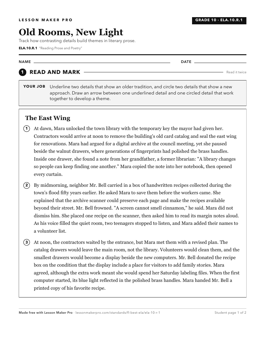 Preview of the ELA.10.R.1 printable worksheet