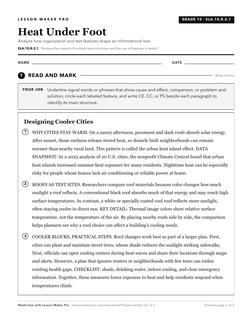 Preview of the ELA.10.R.2.1 printable worksheet