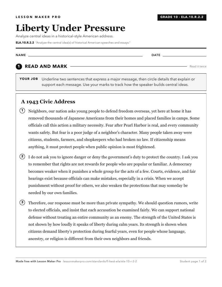 Preview of the ELA.10.R.2.2 printable worksheet