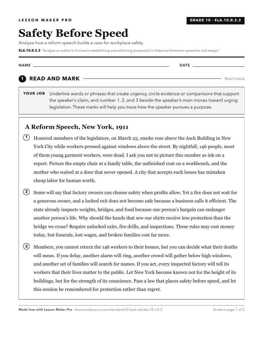 Preview of the ELA.10.R.2.3 printable worksheet