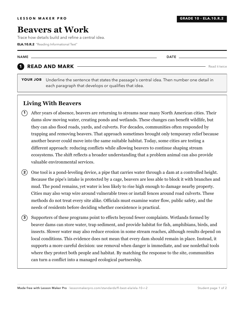 Preview of the ELA.10.R.2 printable worksheet