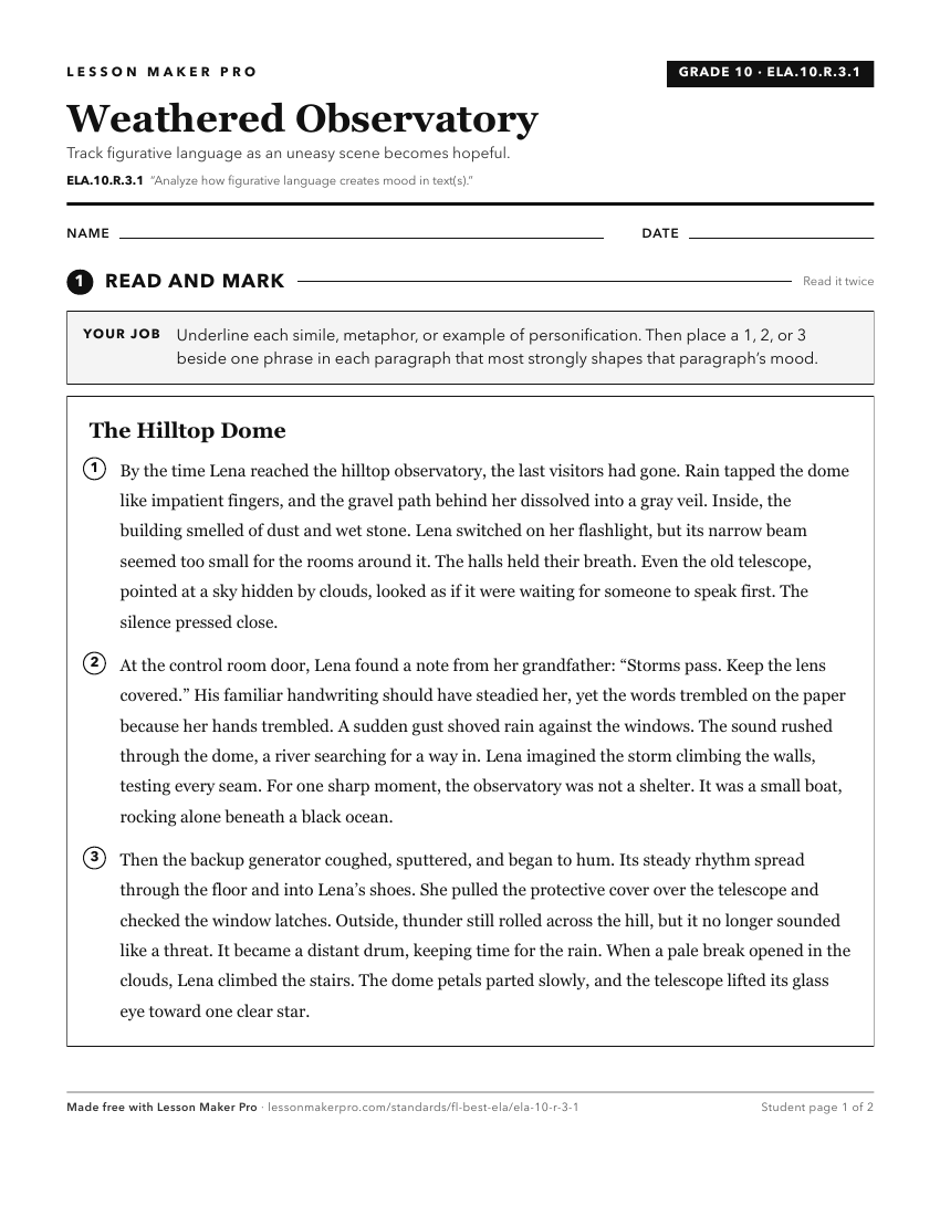 Preview of the ELA.10.R.3.1 printable worksheet