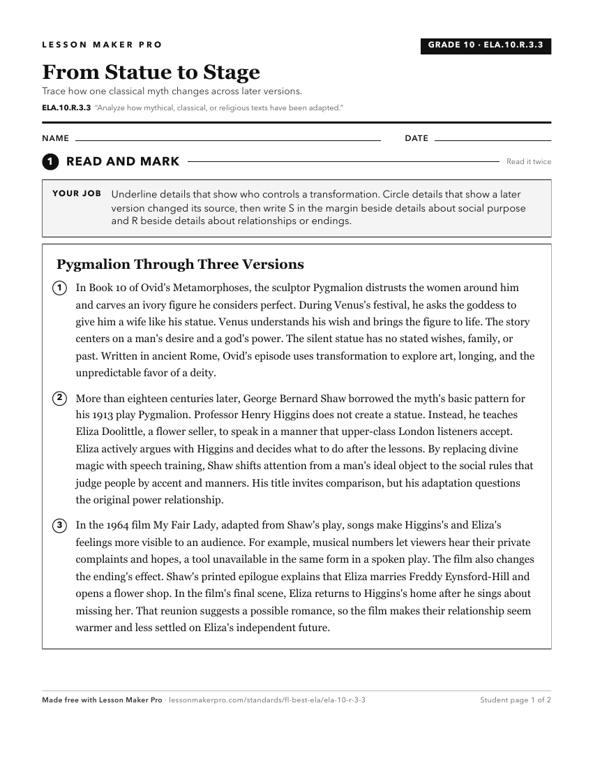 Preview of the ELA.10.R.3.3 printable worksheet