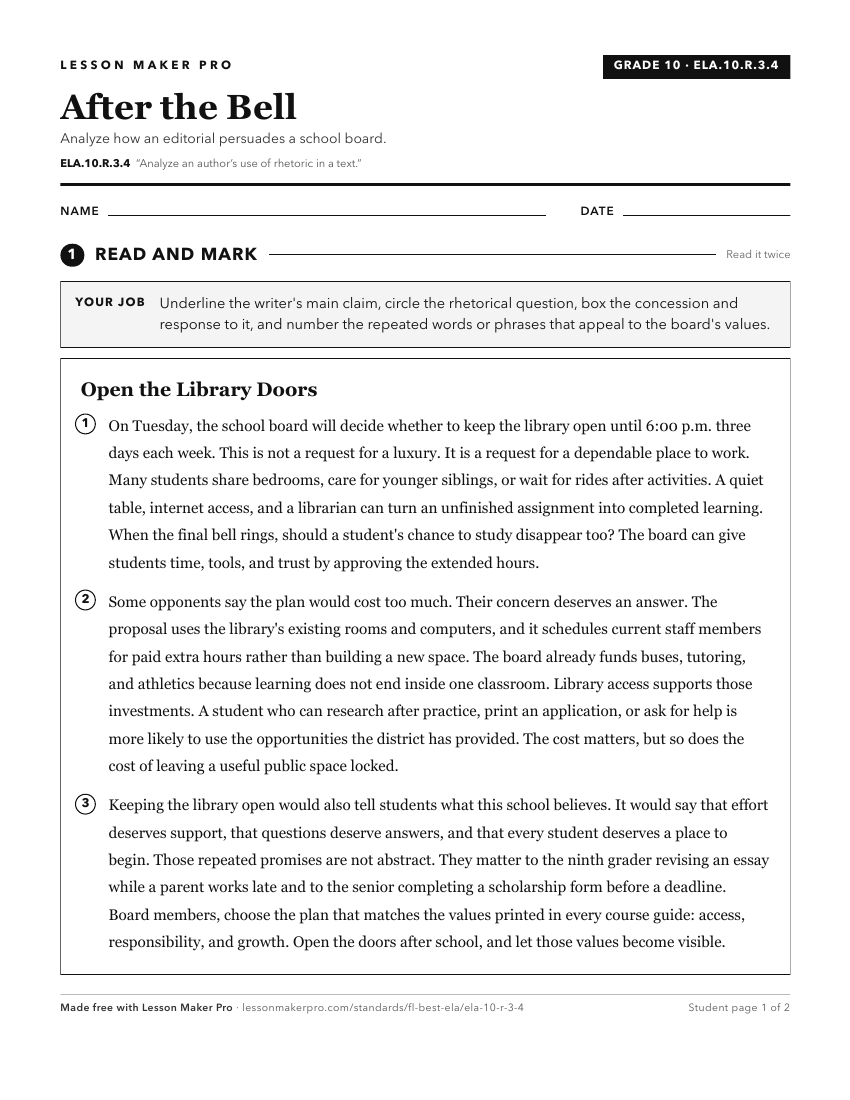 Preview of the ELA.10.R.3.4 printable worksheet
