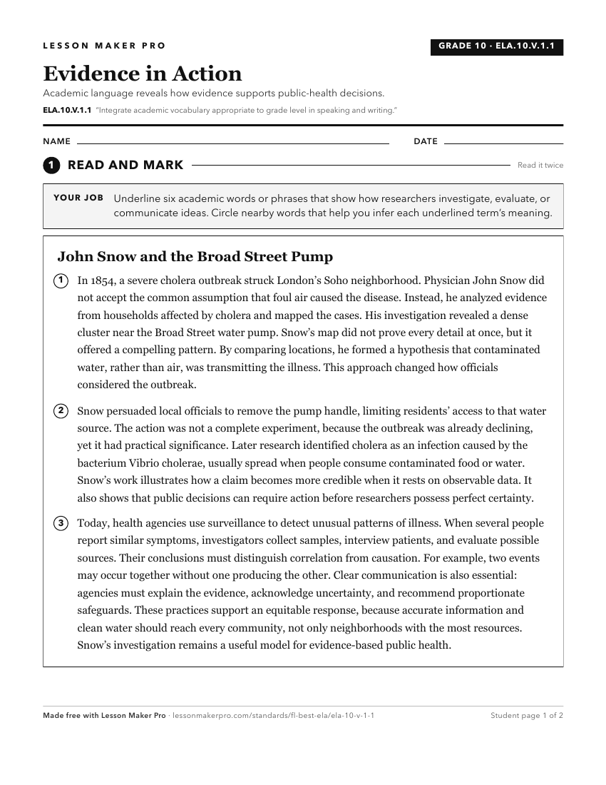 Preview of the ELA.10.V.1.1 printable worksheet