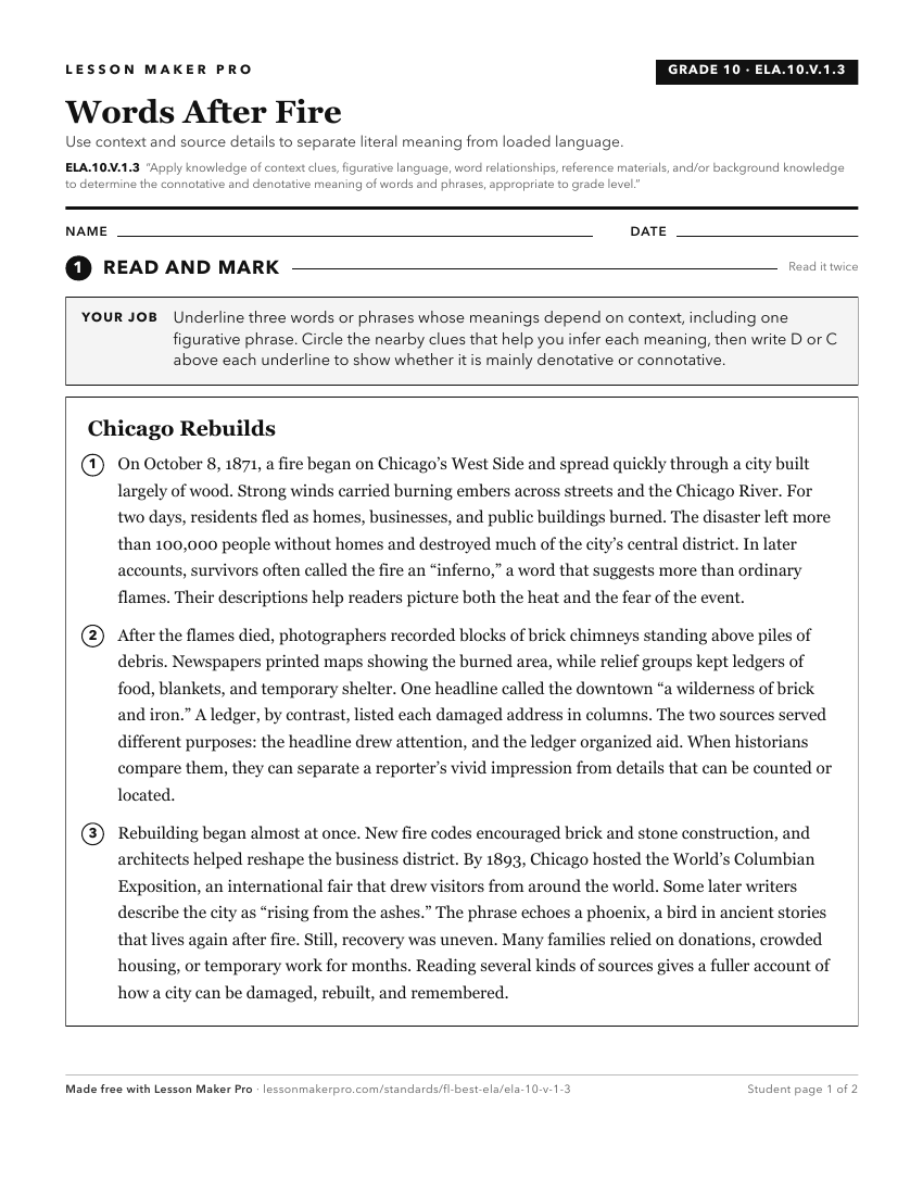 Preview of the ELA.10.V.1.3 printable worksheet
