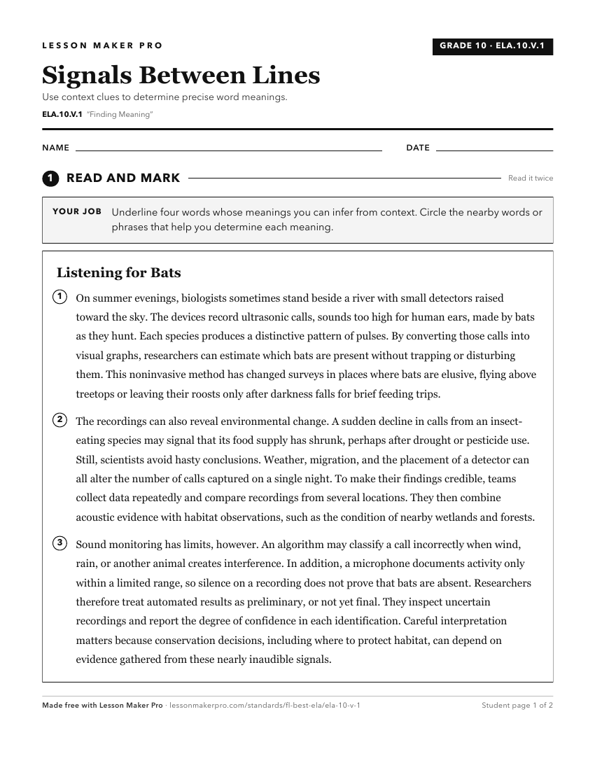 Preview of the ELA.10.V.1 printable worksheet