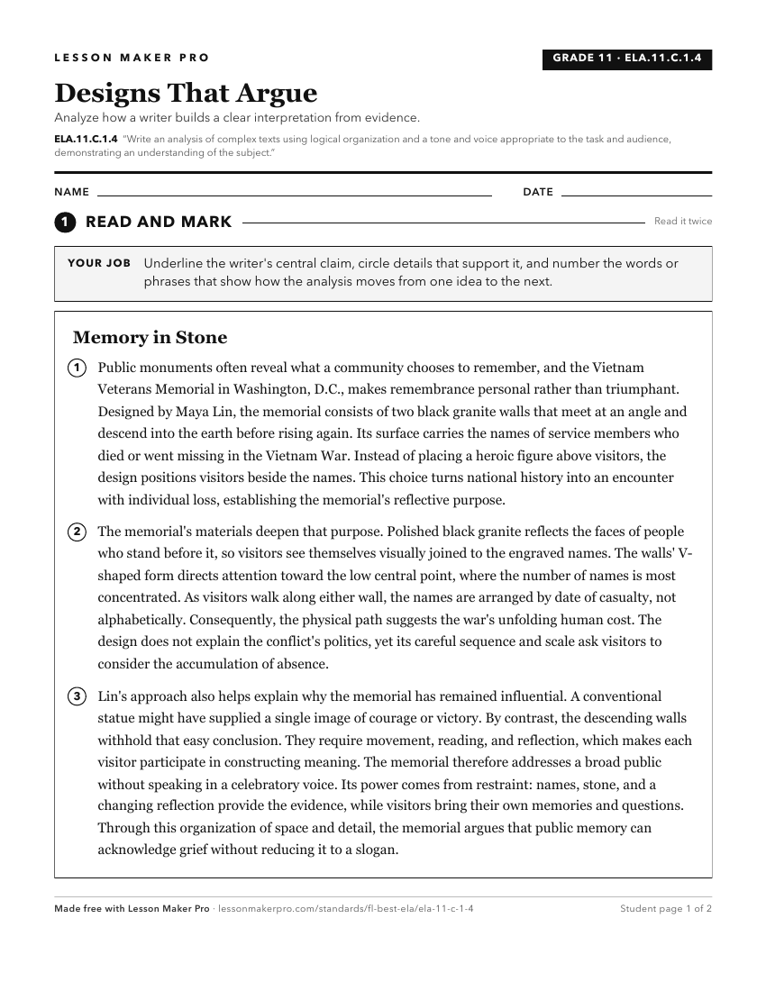 Preview of the ELA.11.C.1.4 printable worksheet