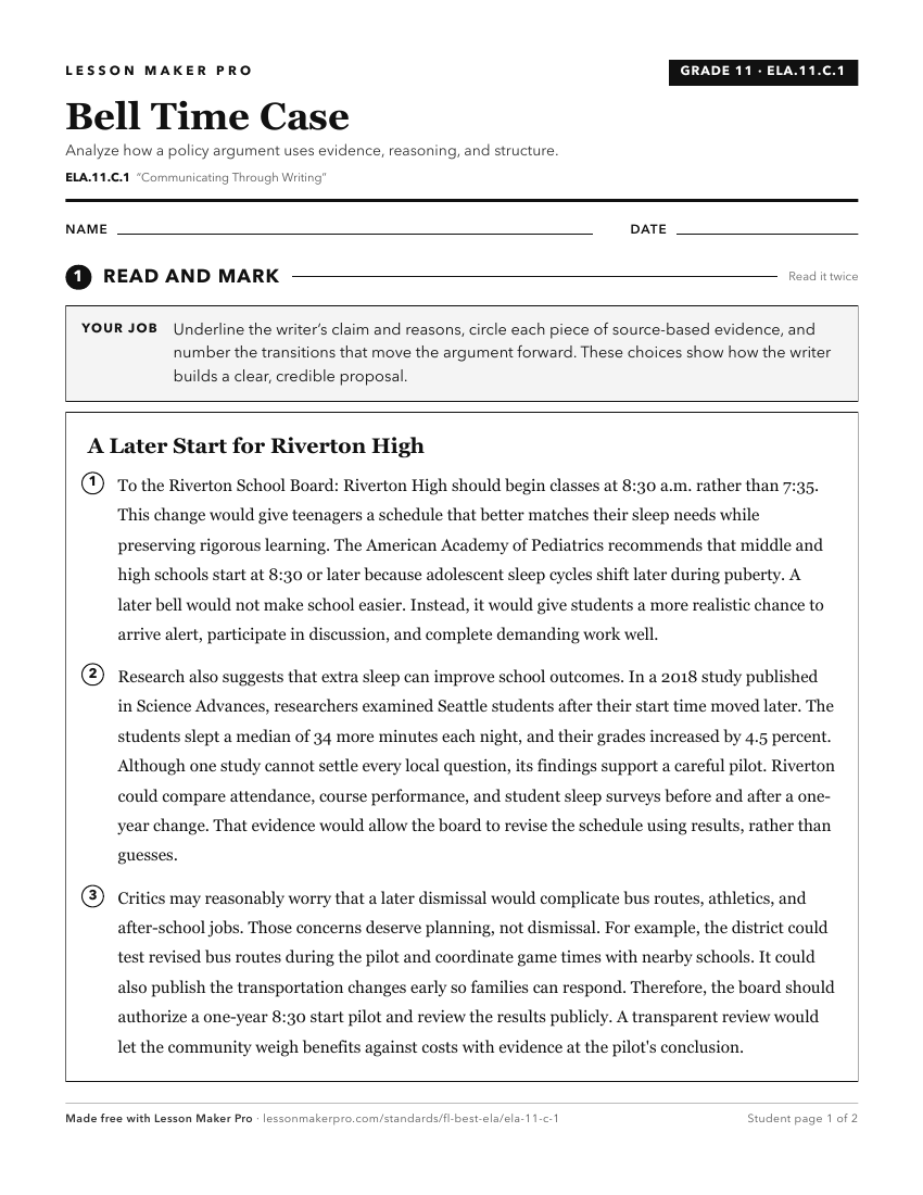 Preview of the ELA.11.C.1 printable worksheet