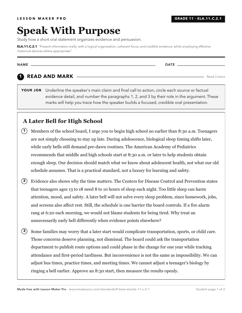 Preview of the ELA.11.C.2.1 printable worksheet
