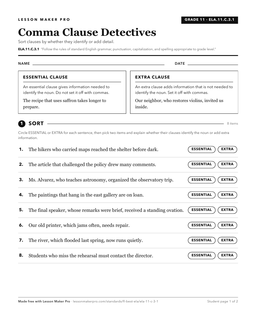 Preview of the ELA.11.C.3.1 printable worksheet