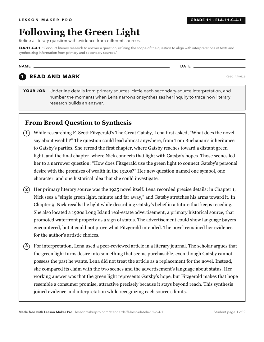 Preview of the ELA.11.C.4.1 printable worksheet