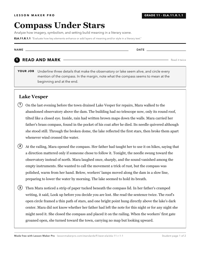 Preview of the ELA.11.R.1.1 printable worksheet