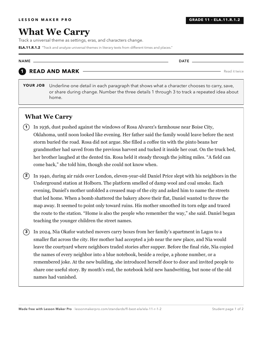 Preview of the ELA.11.R.1.2 printable worksheet