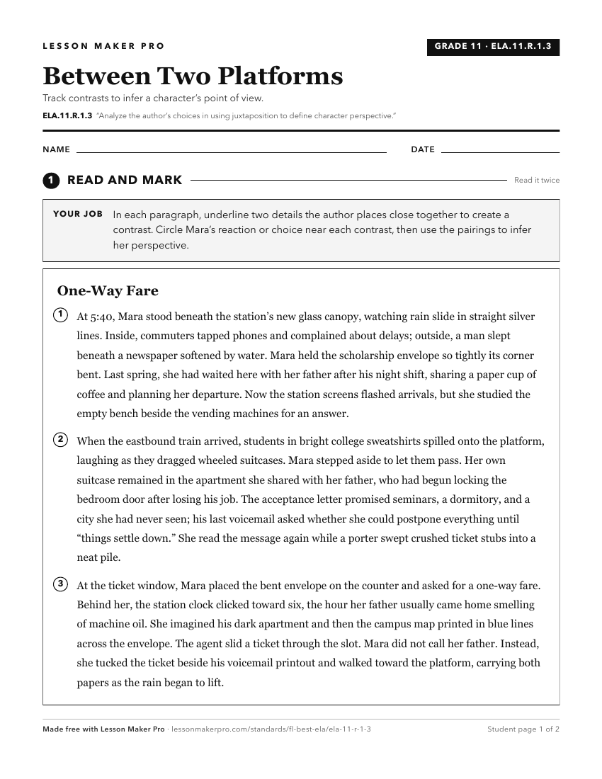 Preview of the ELA.11.R.1.3 printable worksheet