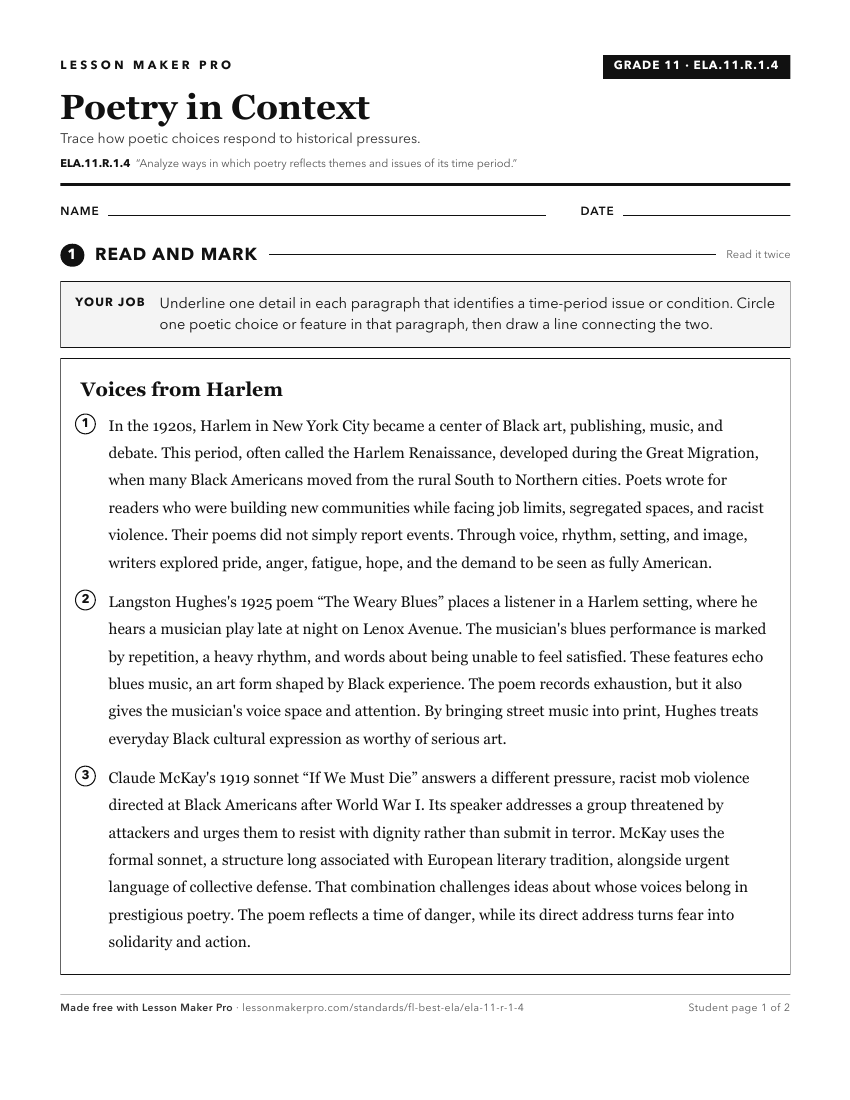 Preview of the ELA.11.R.1.4 printable worksheet
