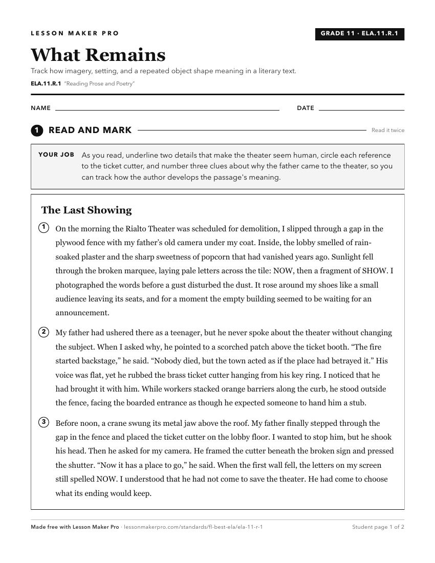 Preview of the ELA.11.R.1 printable worksheet
