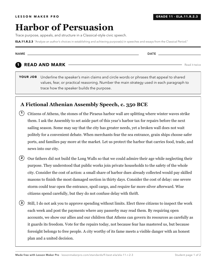 Preview of the ELA.11.R.2.3 printable worksheet