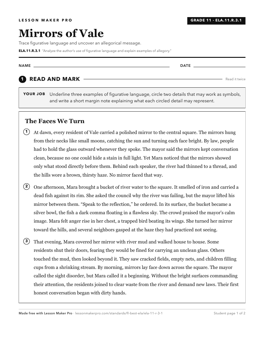 Preview of the ELA.11.R.3.1 printable worksheet