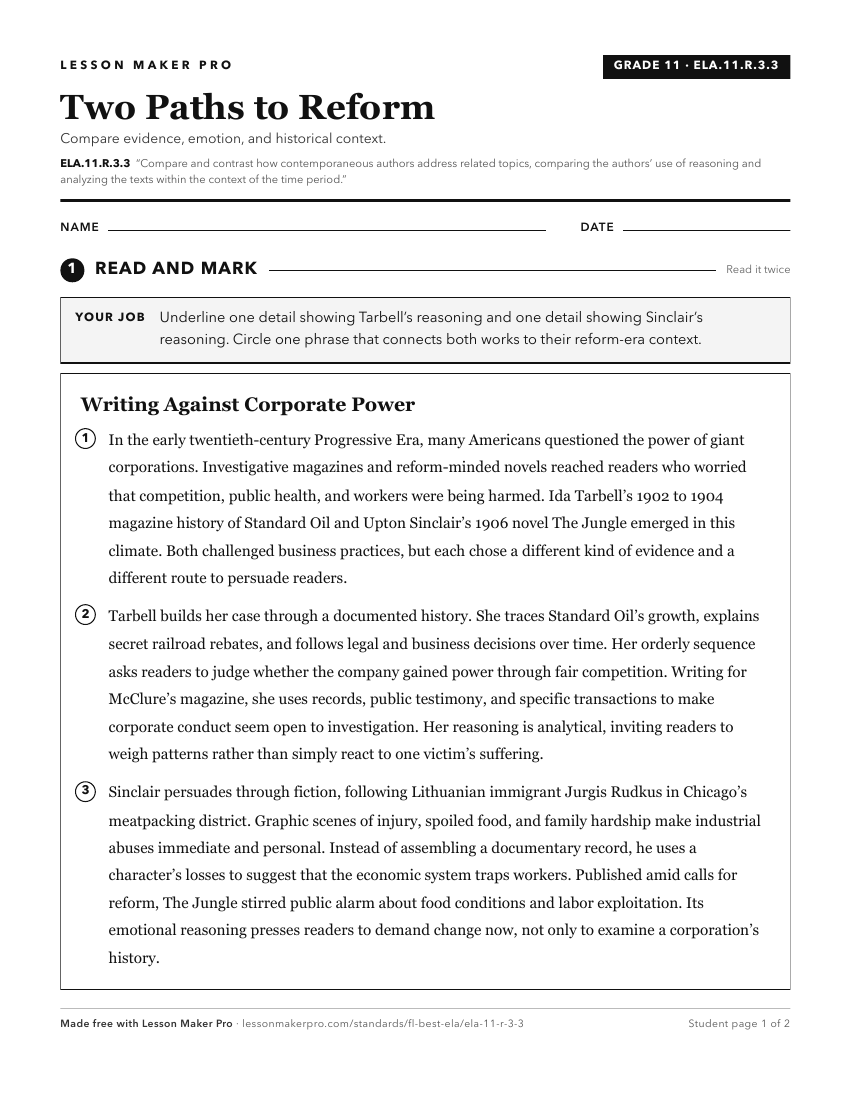 Preview of the ELA.11.R.3.3 printable worksheet