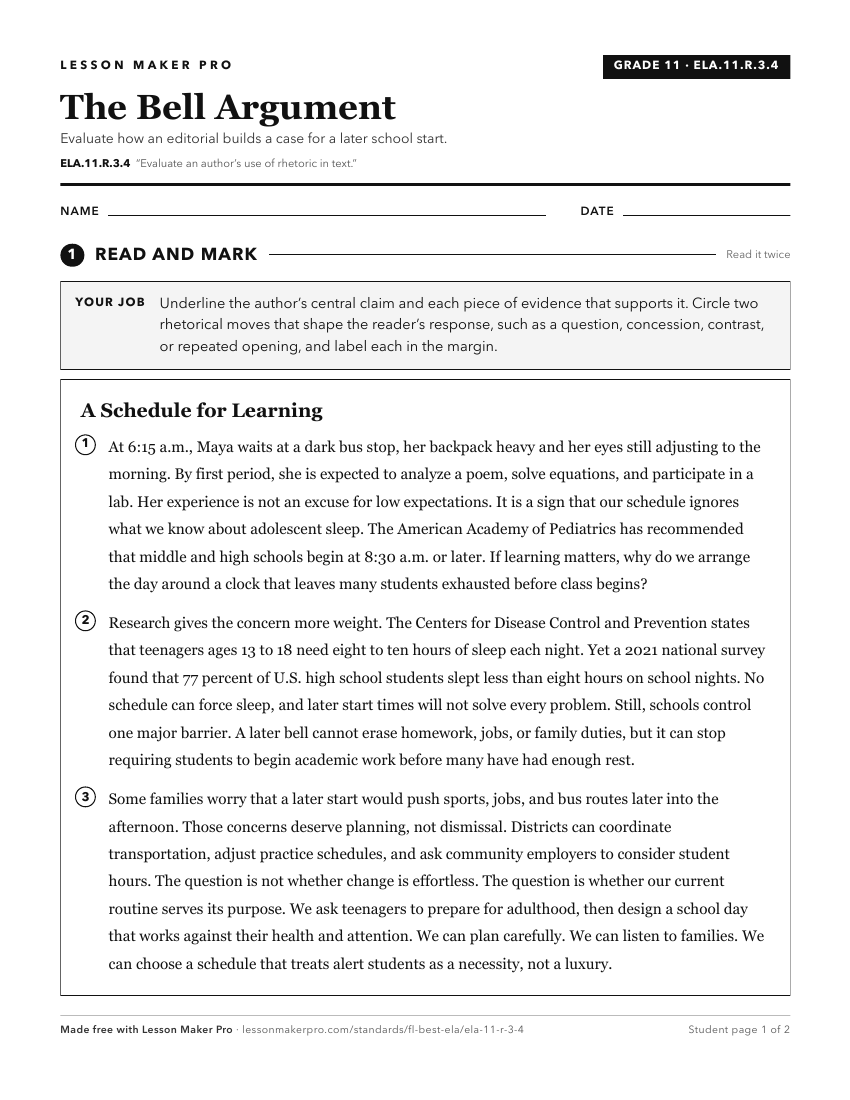 Preview of the ELA.11.R.3.4 printable worksheet