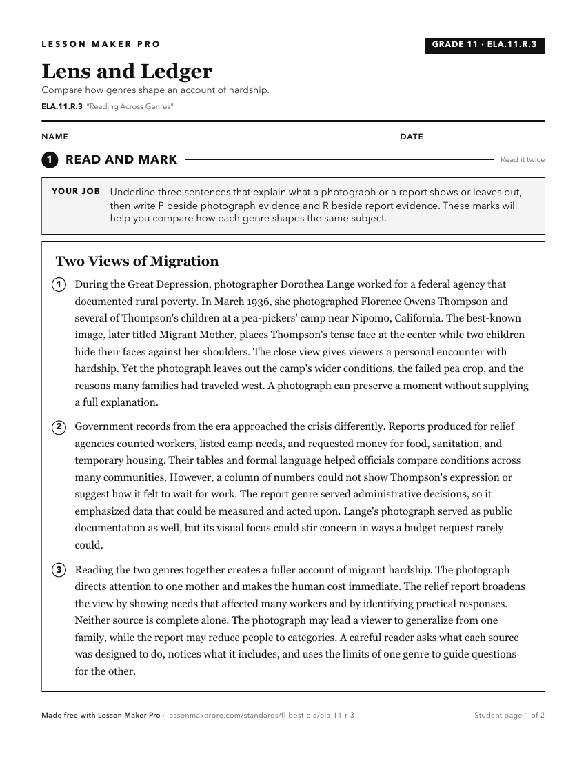 Preview of the ELA.11.R.3 printable worksheet