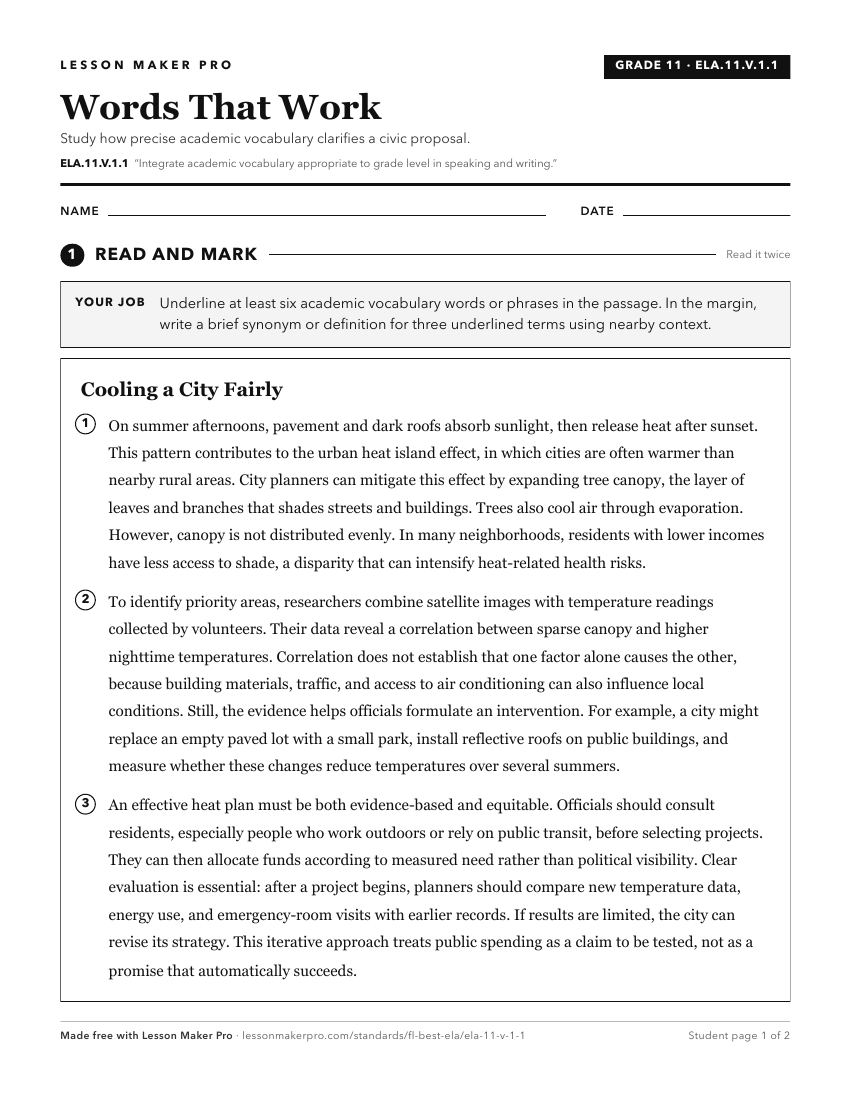 Preview of the ELA.11.V.1.1 printable worksheet