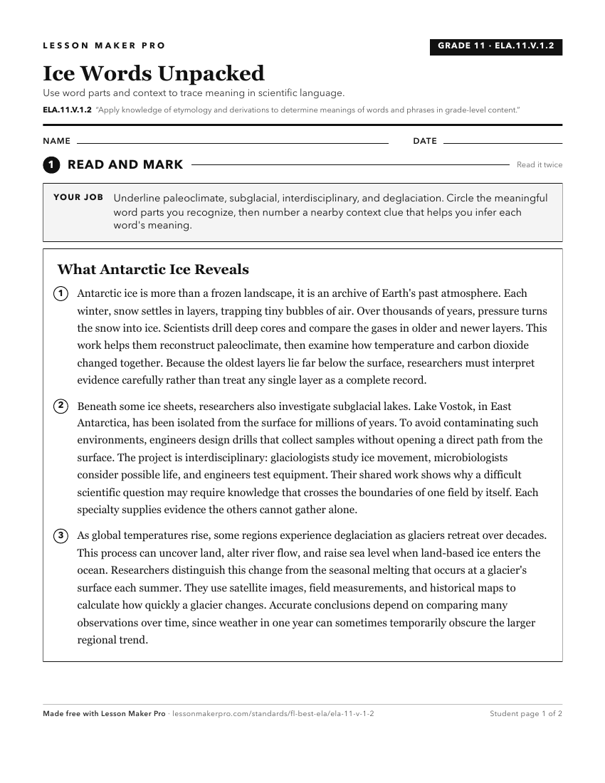 Preview of the ELA.11.V.1.2 printable worksheet