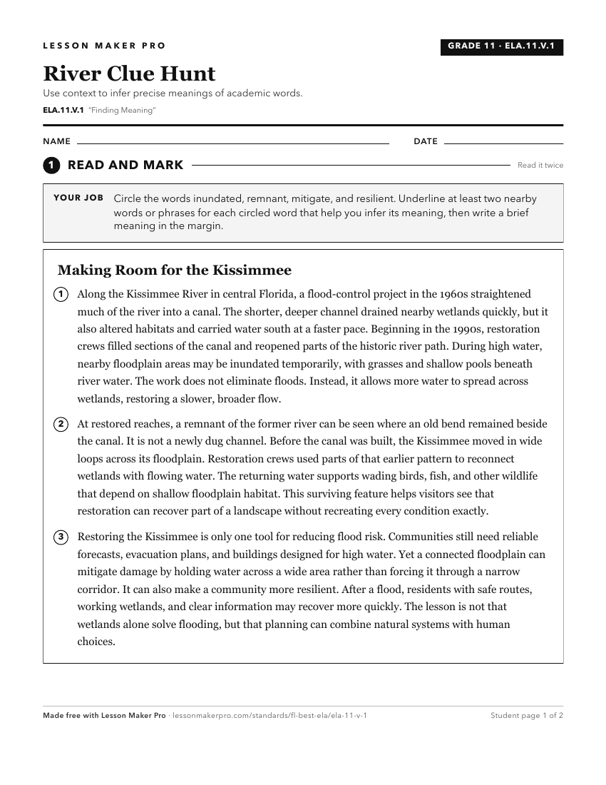 Preview of the ELA.11.V.1 printable worksheet