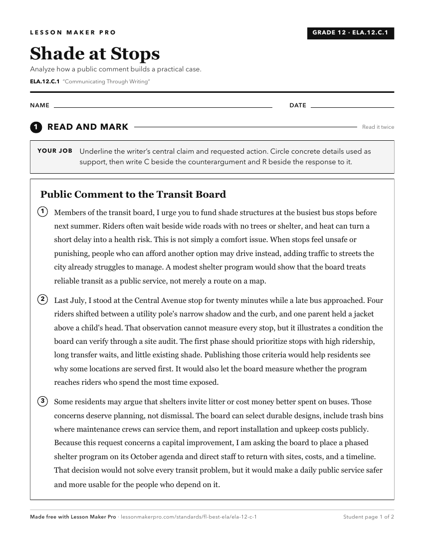 Preview of the ELA.12.C.1 printable worksheet