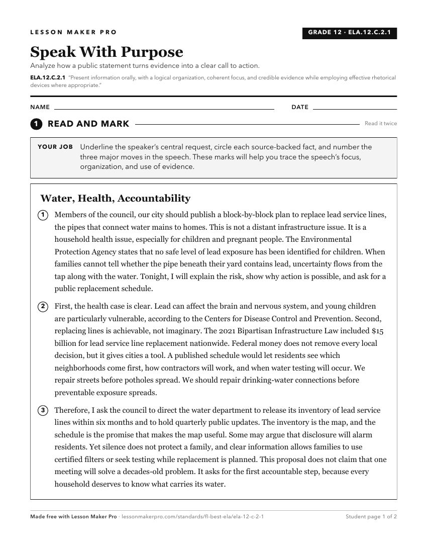 Preview of the ELA.12.C.2.1 printable worksheet