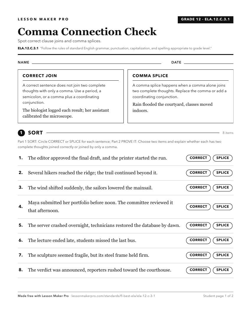 Preview of the ELA.12.C.3.1 printable worksheet