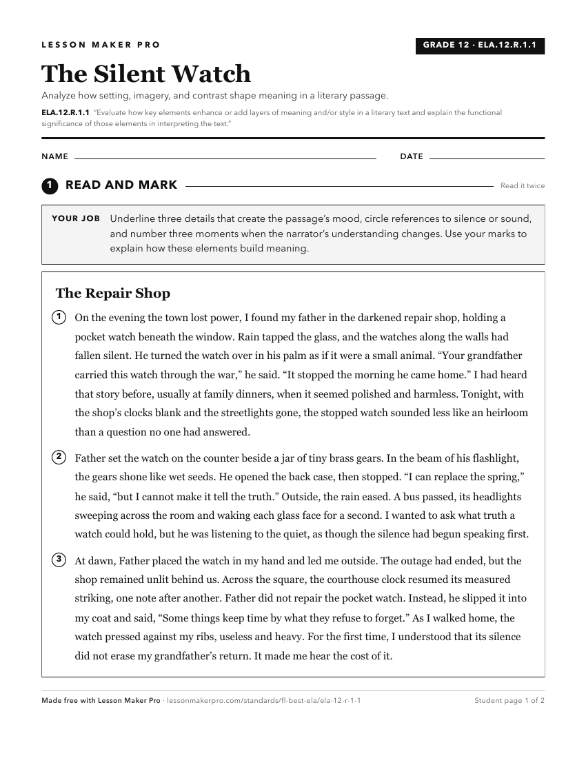 Preview of the ELA.12.R.1.1 printable worksheet