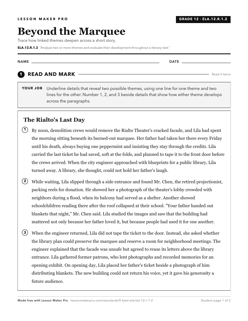 Preview of the ELA.12.R.1.2 printable worksheet