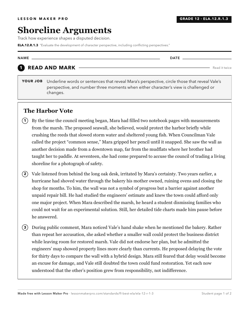 Preview of the ELA.12.R.1.3 printable worksheet