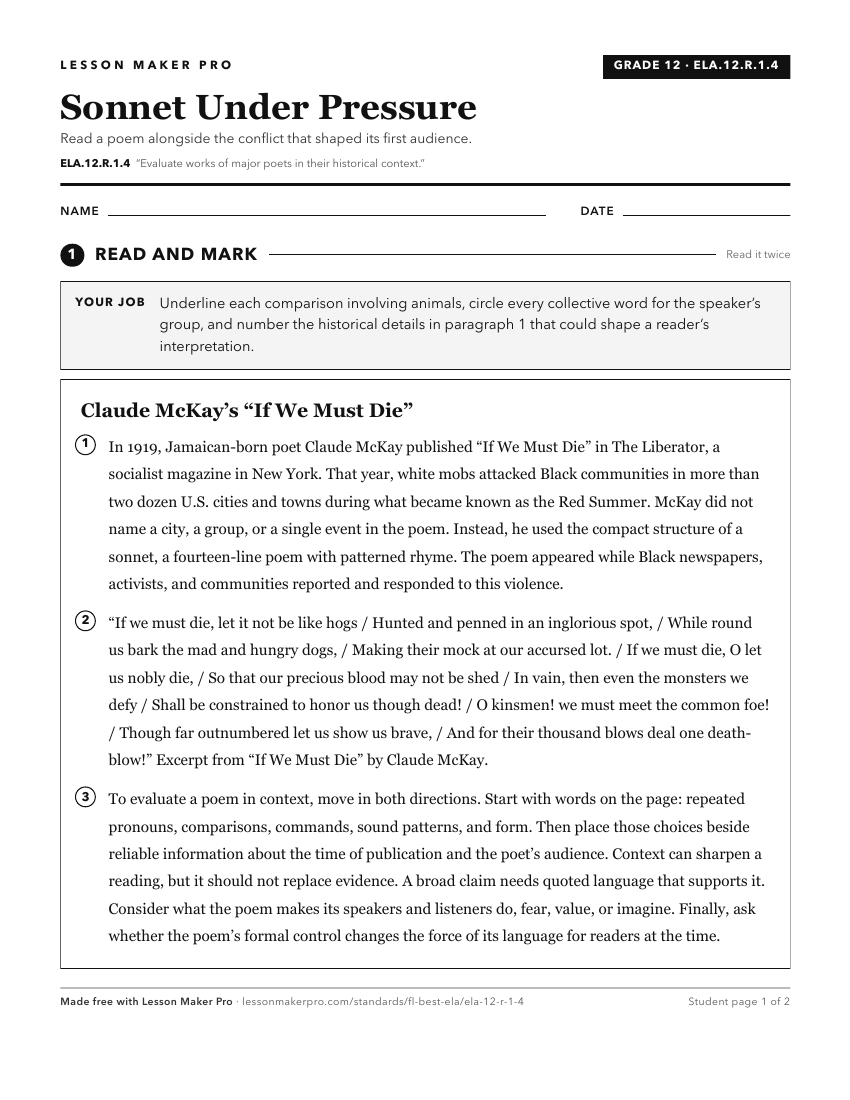 Preview of the ELA.12.R.1.4 printable worksheet